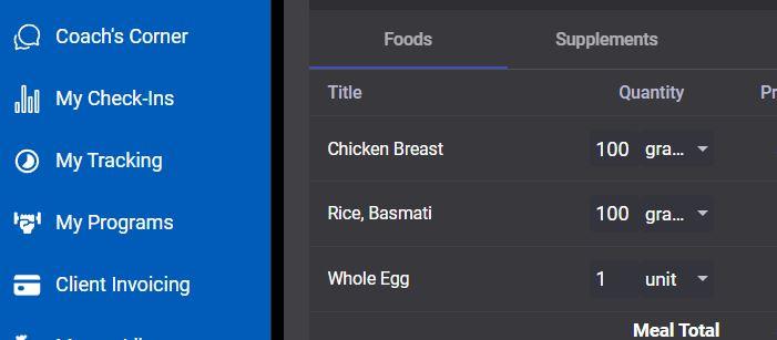 A screenshot of a part of the Elite Trainr app where you can add and track nutrition for fitness and athletic clients. Learn more at EliteTrainr.com.